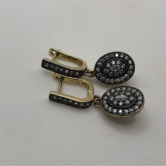 Vtg Sterling Silver CZ Gold Tone Antique Style Earrings Oval Drop w Halo 1.2” - Picture 3 of 8